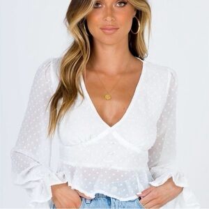 Princess Polly Sheer Romantic White crop top with Dots and puffy sleeves